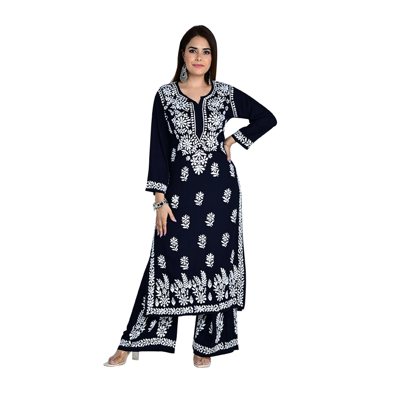 Female model in navy blue embroidered ethnic suit - ethnic wear ecommerce photography by Lohar Studio Delhi